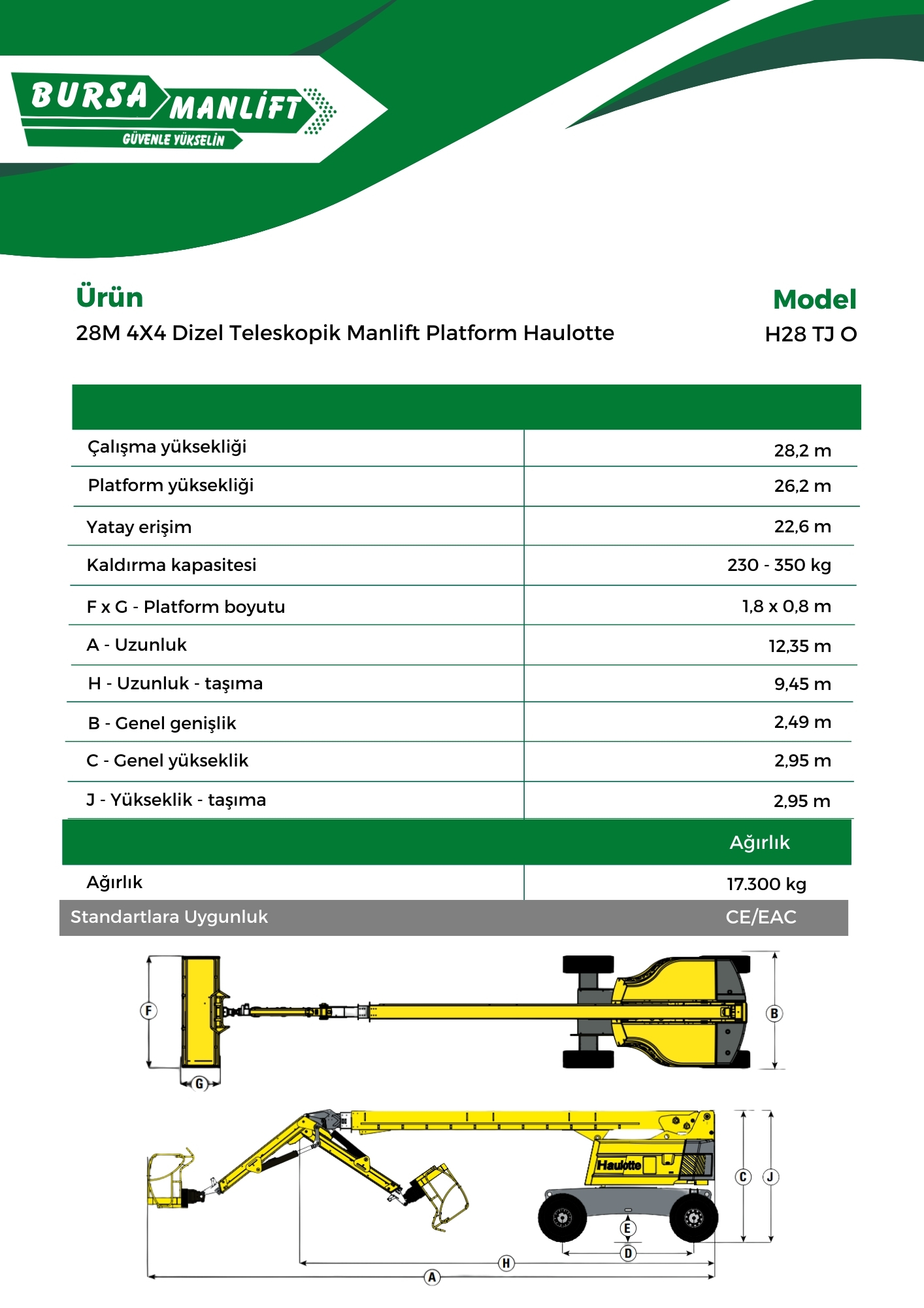 28M 4X4 Dizel Teleskopik Manlift Platform Haulotte H28 TJ O (1)